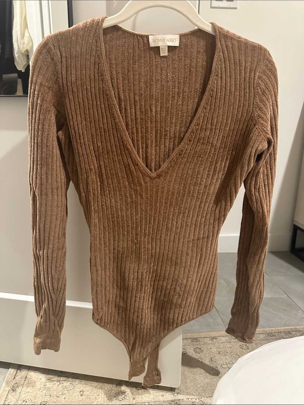Ronny Kobo Tan Ribbed V-Neck Sweater Bodysuit